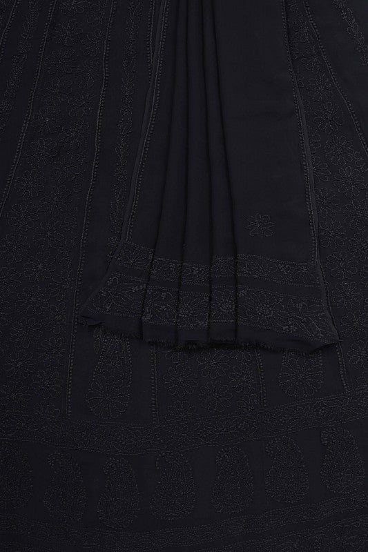 Ada Hand Embroidered Black Georgette Lucknowi Chikan Semi-Stitched Anarkali Kurta Dupatta Set A517238