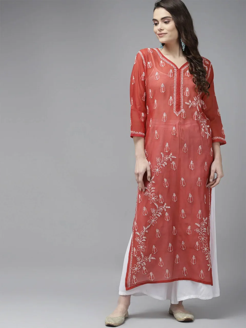 Ada Hand Embroidered Maroon Chanderi Lucknow ChikanKari Straight Kurta A411374