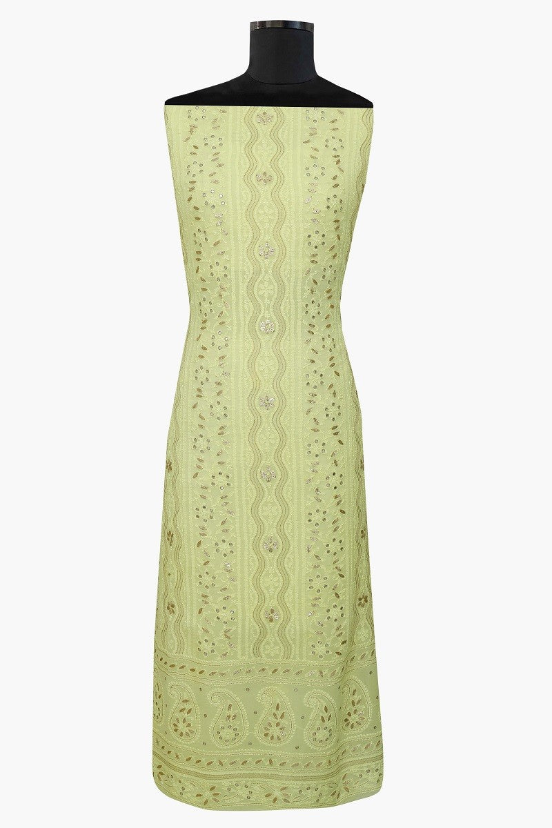 Ada Hand Embroidered Blonde Lemon Georgette Lucknowi Chikan Unstitched Kurta Piece with Gota Patti Work A482678