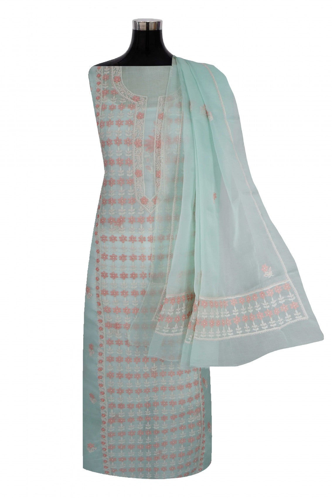 Ada Hand Embroidered Pista Green Organza Lucknowi Chikankari Unstitched Kurta Dupatta Set 01A250933