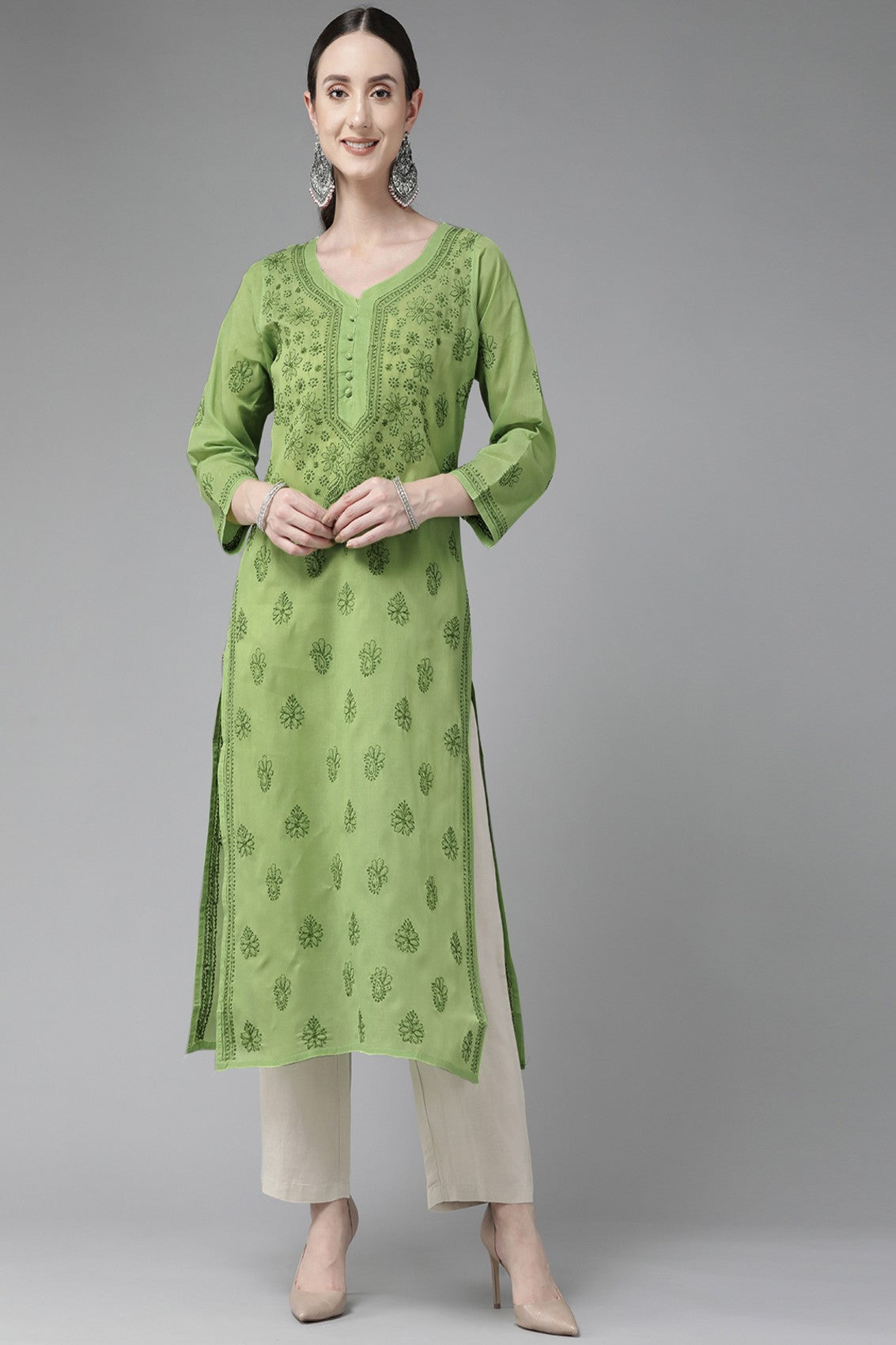 Ada Hand Embroidered Green Cotton Lucknowi Chikankari Straight Kurta A231409