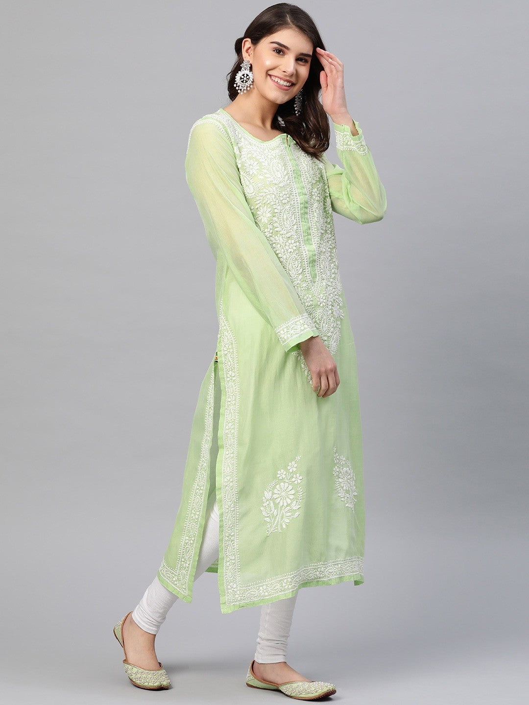 Ada Hand Embroidered Green Chanderi Lucknow Chikan Kurta-A411169