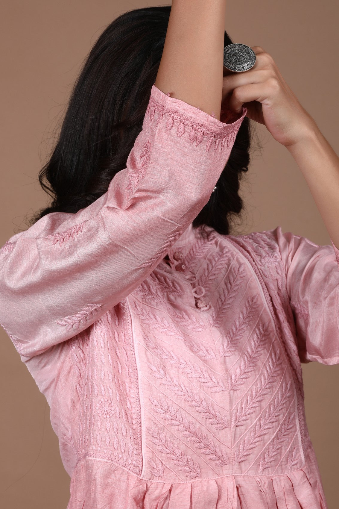 Ada Hand Embroidered Dusty Peach Chanderi Lucknowi Chikankari A-Line Kurta 01A278816