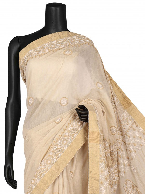 Ada Hand Embroidered Natural Fawn Tissue Lucknowi Chikankari Saree/Blouse With Zari Work A606168