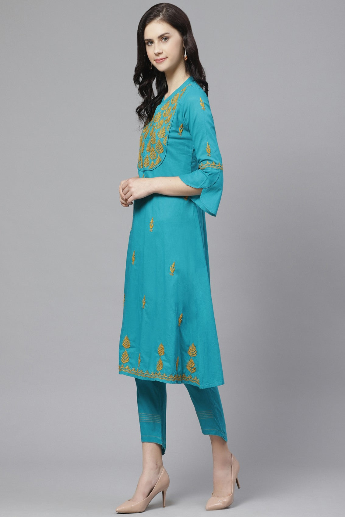 Ada Hand Embroidered Blue Cotton Lucknowi Chikankari Kurta with Trouser Set A100318