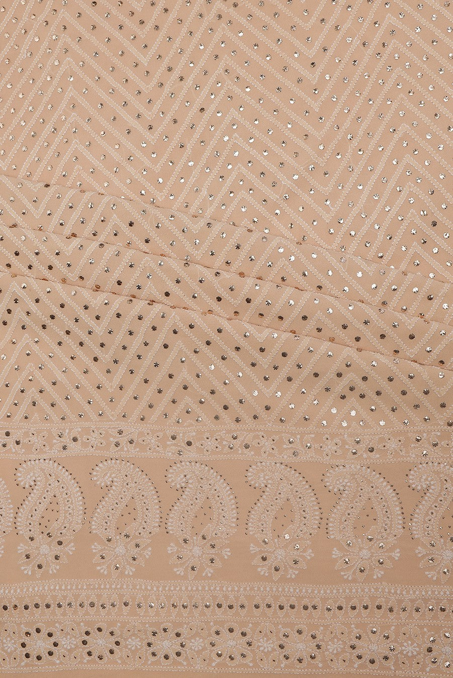 Ada Hand Embroidered Sandcastle Fawn Pure Georgette Lucknowi Chikan Unstitched Kurta Dupatta Set With Muqaish Work- A462221
