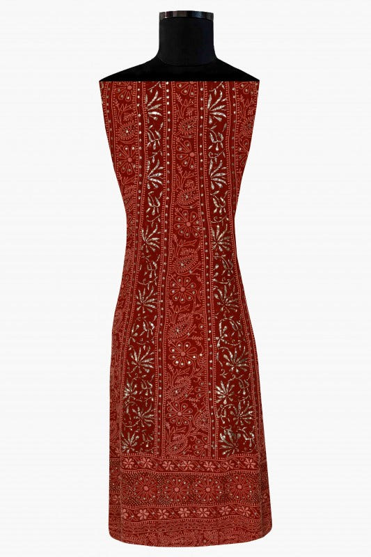 Ada Hand Embroidered Maroon Pure Georgette Lucknowi Chikankari Semi-stitched Anarkali Kurta Dupatta Set With Muqaish Work-A617645