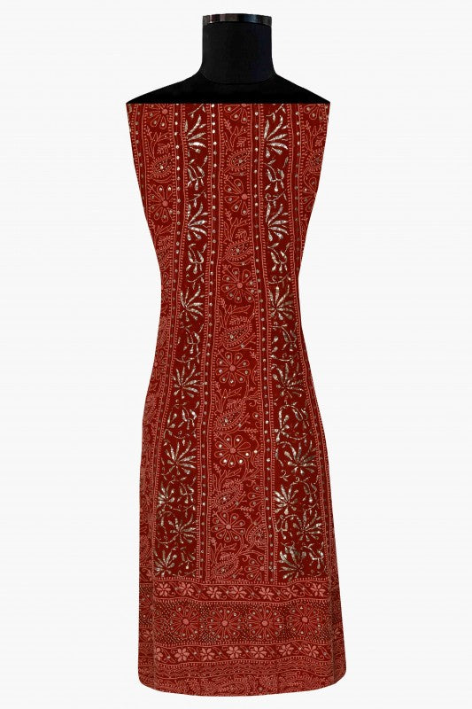Ada Hand Embroidered Maroon Pure Georgette Lucknowi Chikankari Semi-stitched Anarkali Kurta Dupatta Set With Muqaish Work-A617645