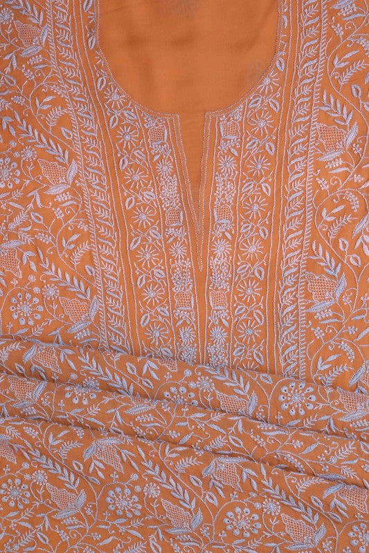 Ada Hand Embroidered Rust Pure Georgette Lucknowi Chikan Unstitched Kurta Dupatta A557083