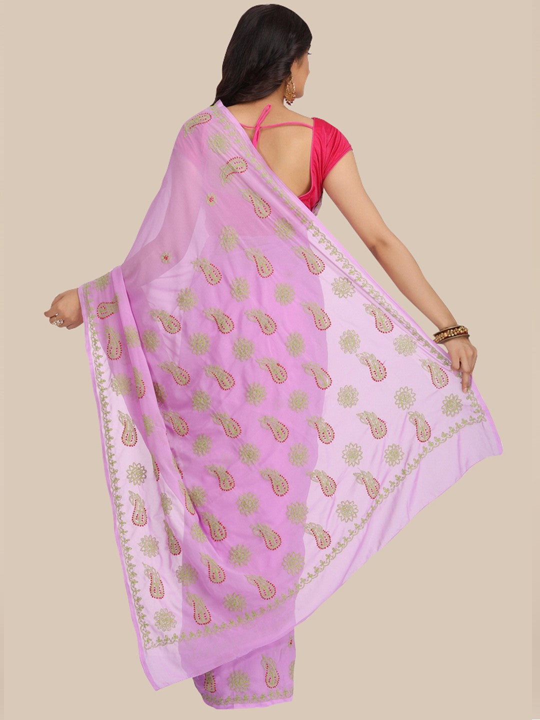 Ada Hand Embroidered Mauve Georgette Lucknow Chikan Saree With Blouse A191584