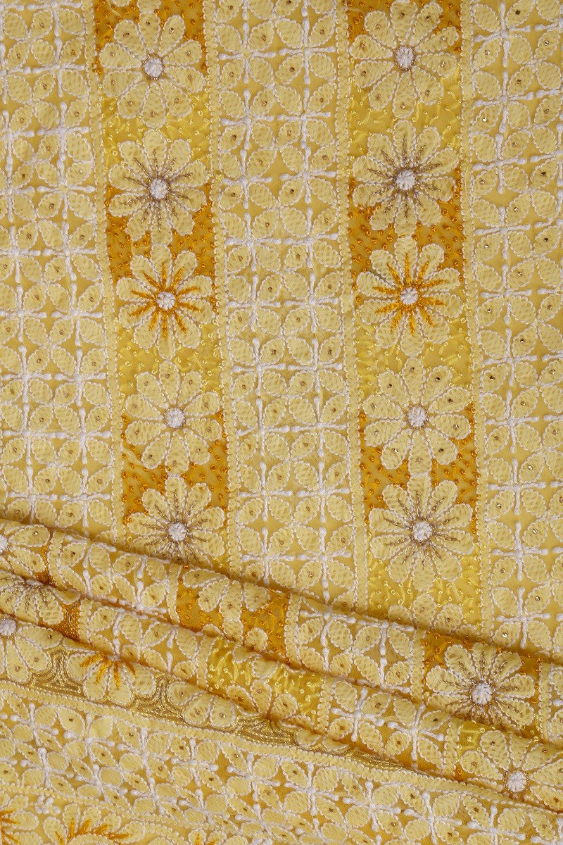 Ada Hand Embroidered Sunglow Yellow Georgette Lucknowi Chikan Unstitched Suit Piece with Muqaish Work A605776