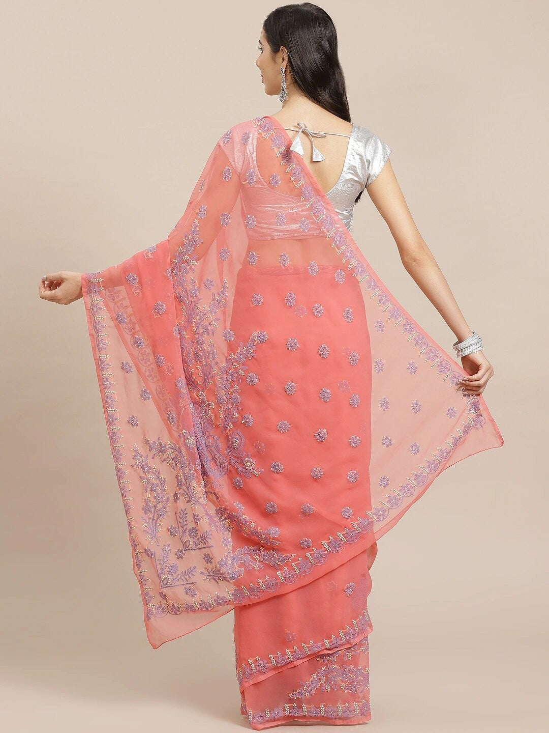 Ada Hand Embroidered Peach Georgette Lucknow Chikan Saree With Blouse A452054
