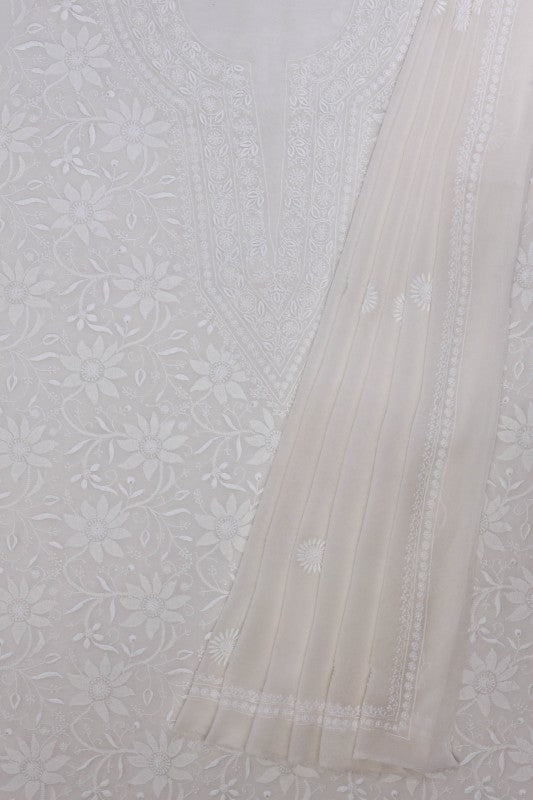Ada Hand Embroidered White Pure Georgette Lucknowi Chikan Unstitched Kurta Dupatta Set A385943