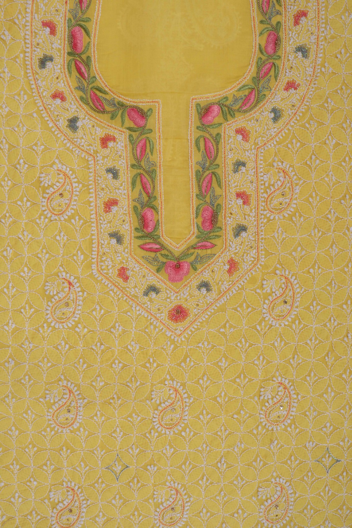 Ada Hand Embroidered Yellow Cotton Lucknowi Chikan Unstitched Suit Piece With Muqaish work 01A204436