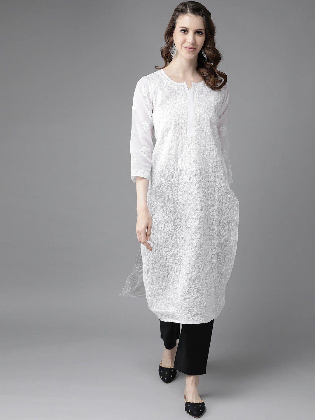 Ada Hand Embroidered White Cotton Lucknowi Chikankari Straight Kurta A411181