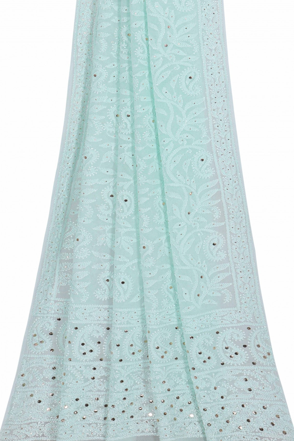 Ada Hand Embroidered Mint Green Pure Georgette Lucknowi Chikankari Dupatta With Muqaish Work 01A177545