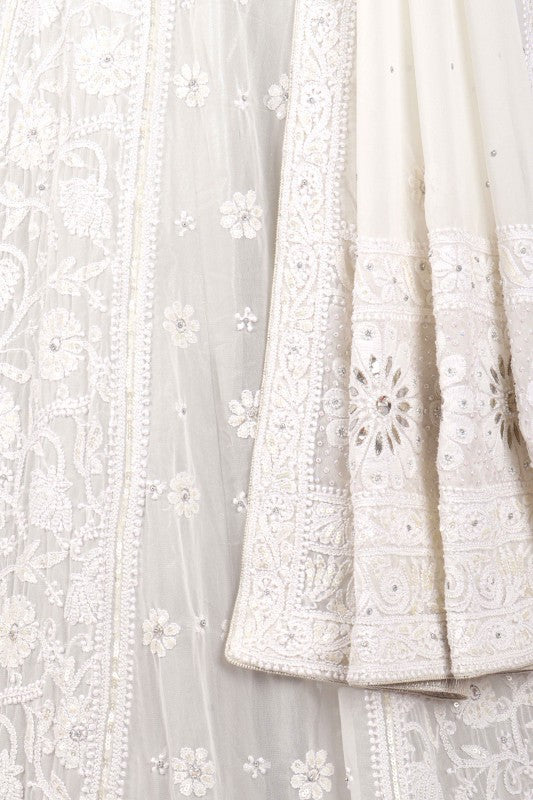 Ada Hand Embroidered White Georgette Lucknowi Chikankari Lehenga Set with Pearl Work A74224