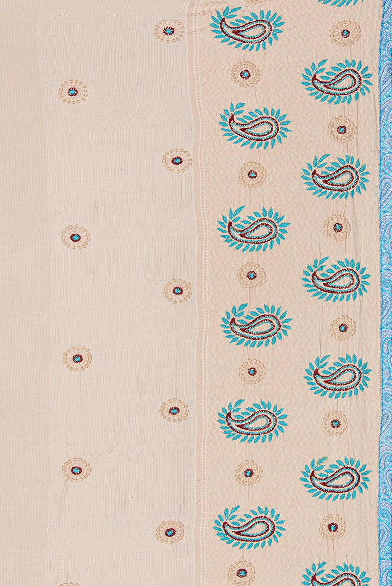 Ada Hand Embroidered Cream Chanderi Lucknowi Chikankari Saree With Blouse- A70603