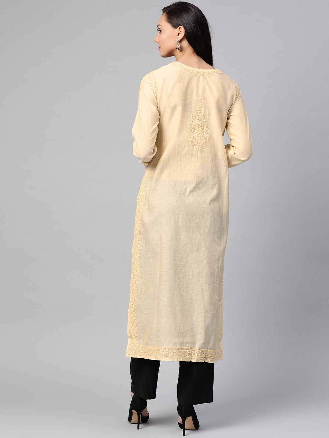 Ada Hand Embroidered Fawn Chanderi Lucknowi Chikankari Straight Kurta A100482