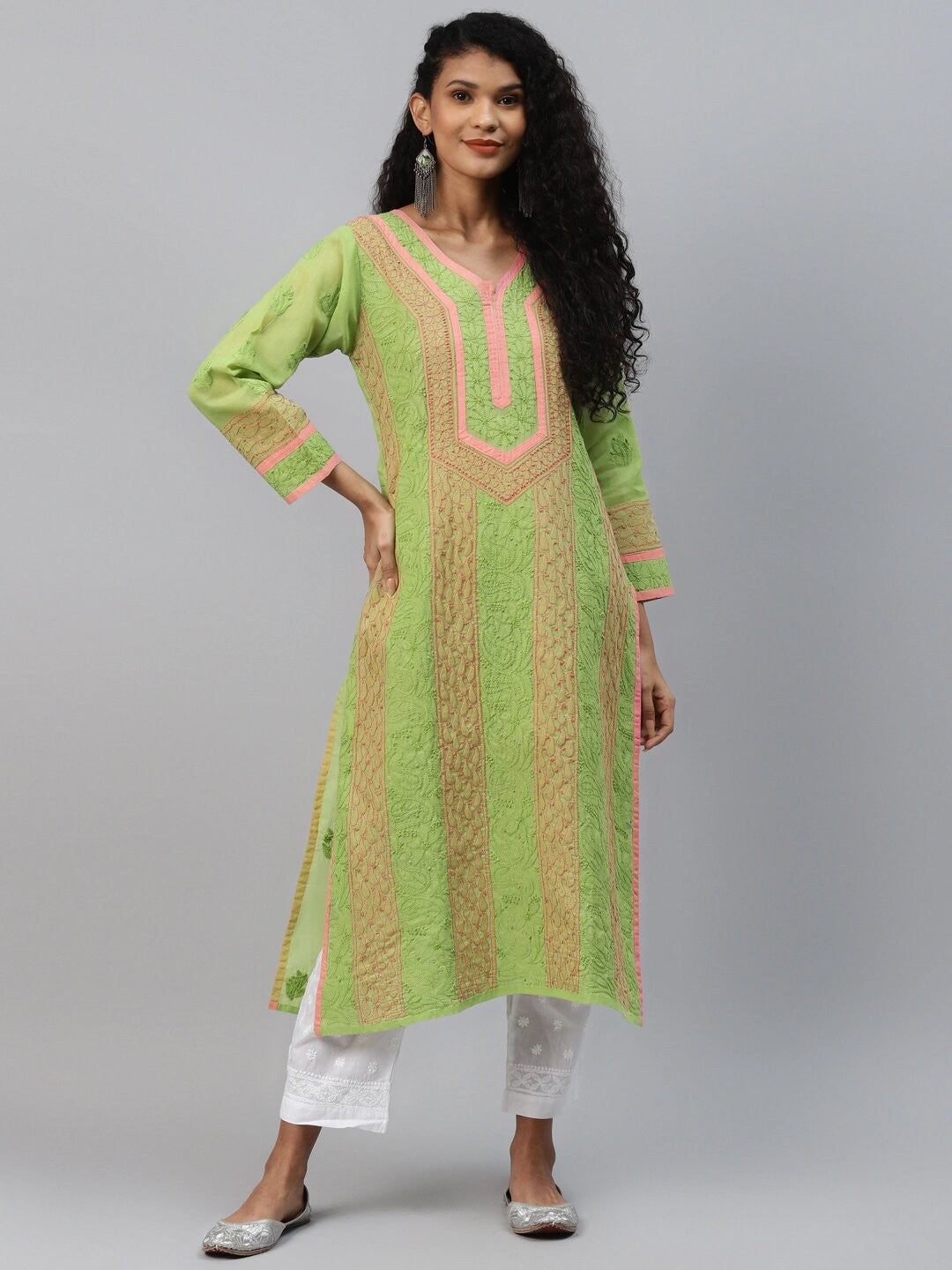 Ada Hand Embroidered Green Cotton Lucknow Chikan Kurta-A272661