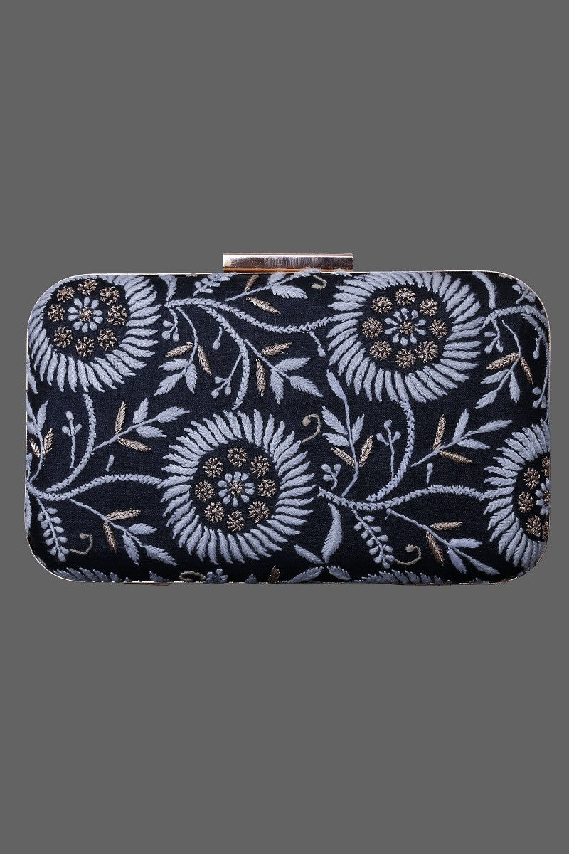 Ada Hand Embroidered Black Silk Lucknow Chikankari Clutch- A601428