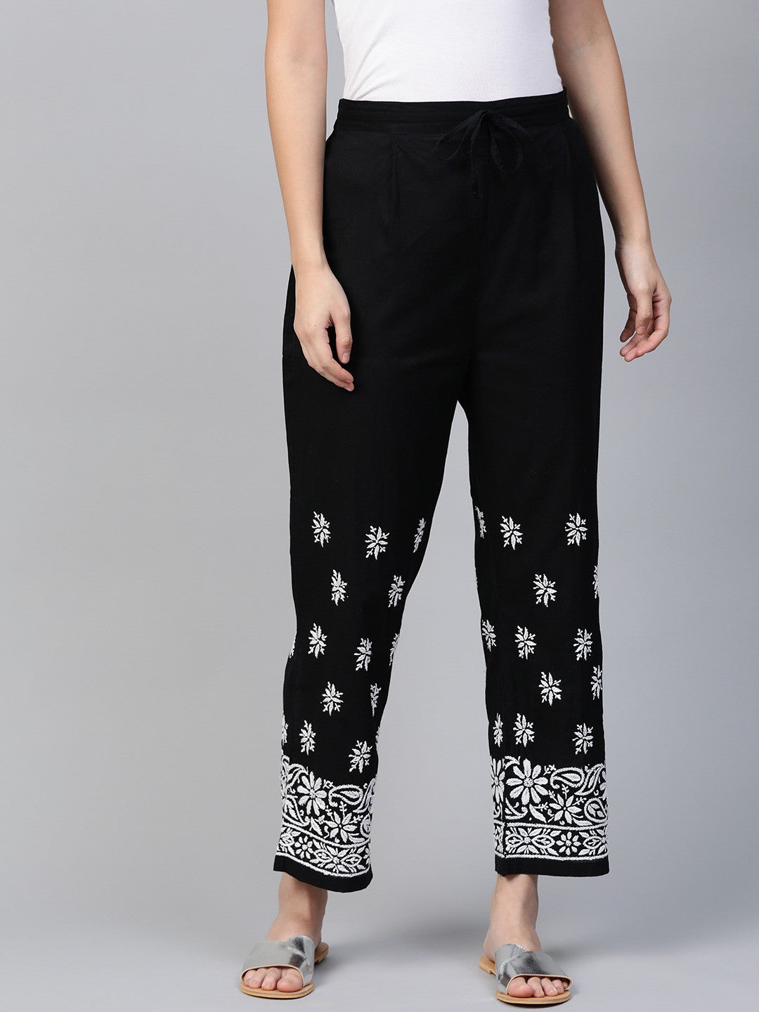 Ada Hand Embroidered Black Cotton Lucknowi Chikankari Palazzo A528760