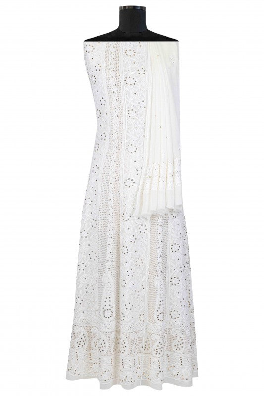 Ada Hand Embroidered White Viscose Georgette Semi-stitched Anarkali Kurta Dupatta With Muqaish Work- A621530