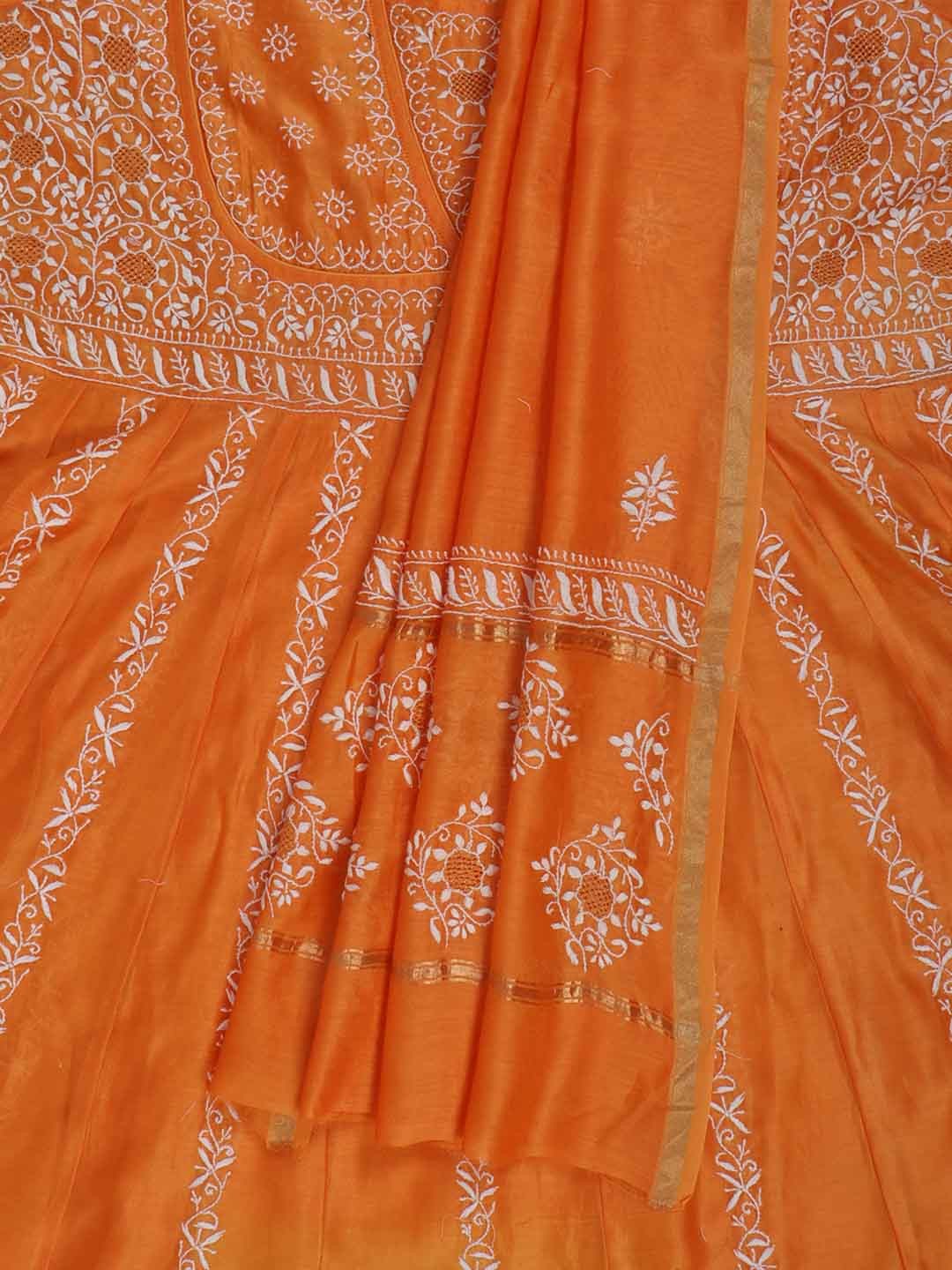 Ada Hand Embroidered Orange Chanderi Lucknowi Chikankari Semi-Stitched Anarkali Kurta Dupatta Set With Zari Work 01A205816