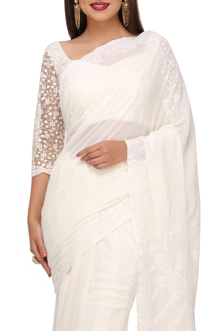 Ada Hand Embroidered Cream Georgette Lucknow Chikan Saree with Blouse A204290