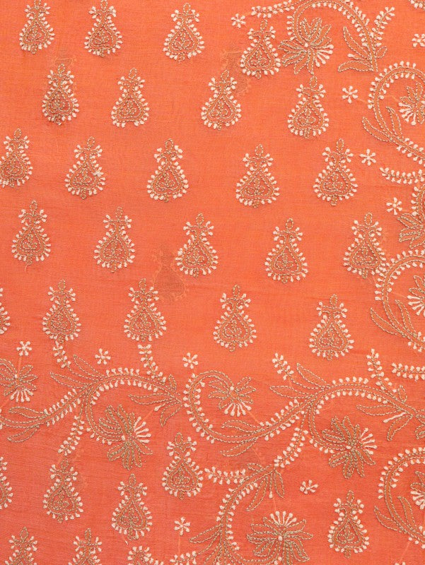 Ada Hand Embroidered Peach Chanderi Lucknowi Chikan Unstitched Kurta Dupatta Set A619028