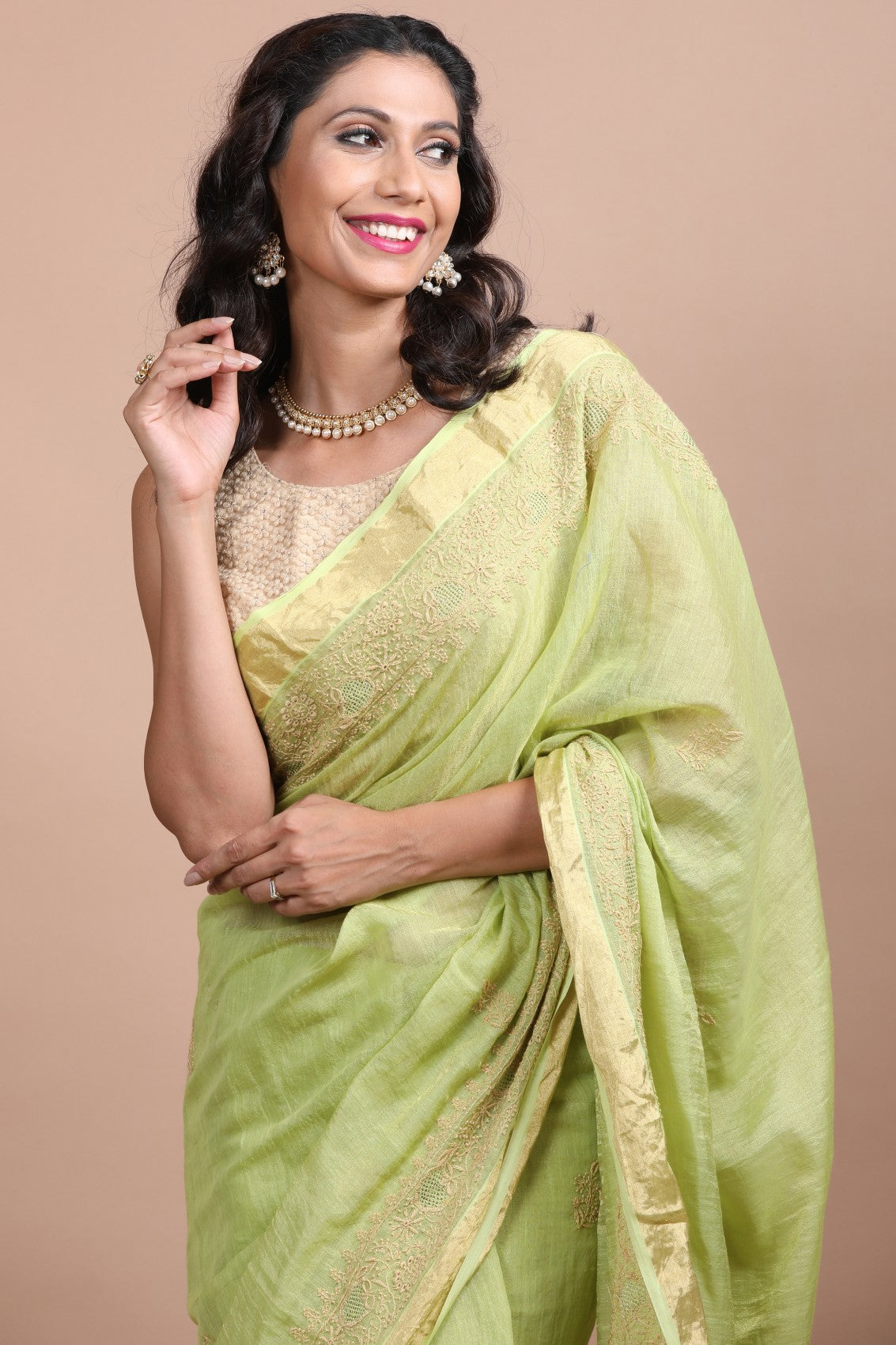 Ada Hand Embroidered Parrot Green Tissue Lucknow Chikan Saree/Blouse With Zari Work 01A265928