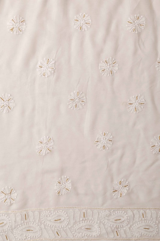 Ada Hand Embroidered White Georgette Lucknowi Chikan Unstitched Kurta Dupatta with Pearl Work A613206