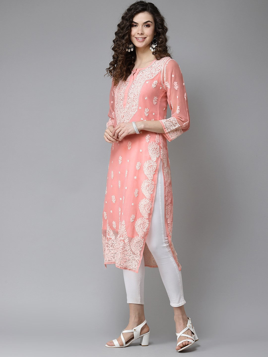 Ada Hand Embroidered Peach Georgette Lucknowi Chikankari Straight Kurta With Slip A411194