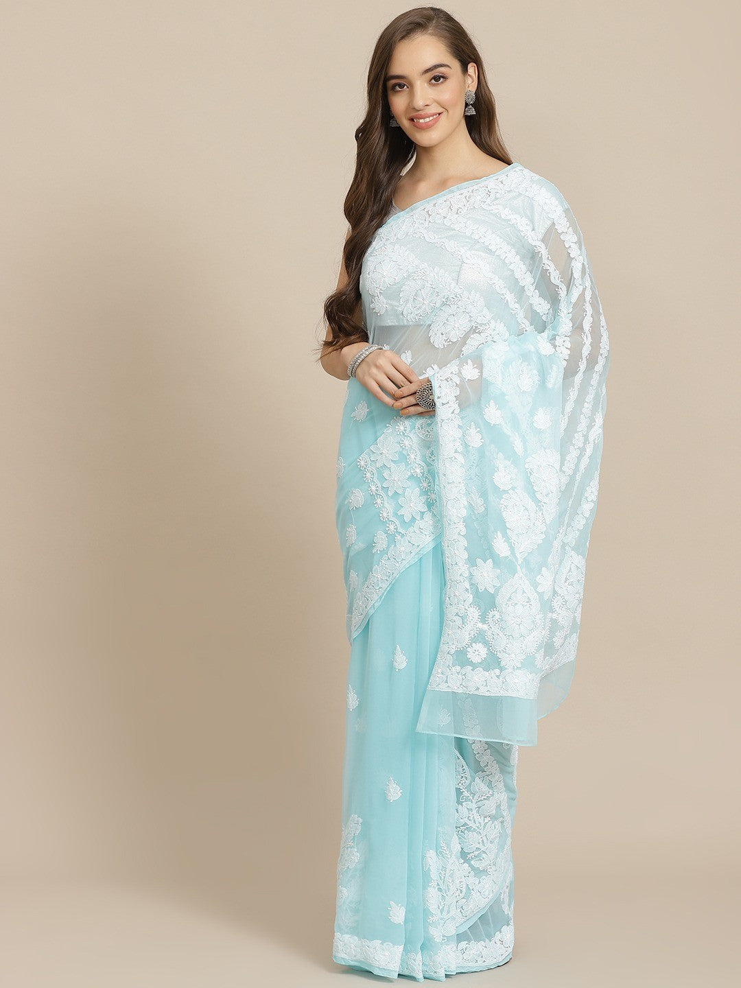 Ada Hand Embroidered Blue Georgette Lucknow Chikan Saree with Blouse A311301