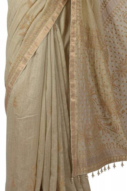 Ada Hand Embroidered Light Olive Green Tissue Lucknowi Chikankari Saree With Blouse A615158