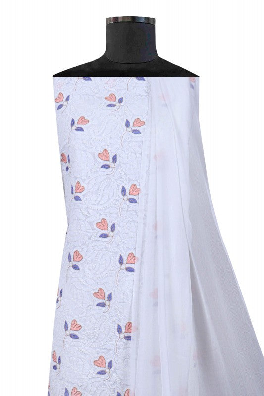 Ada Hand Embroidered White Cotton Lucknowi Chikan Unstitched Suit Piece With Zari Work A291296