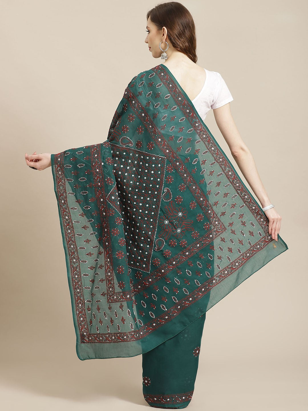 Ada Hand Embroidered Green Cotton Lucknow Chikan Saree With Blouse-A311208
