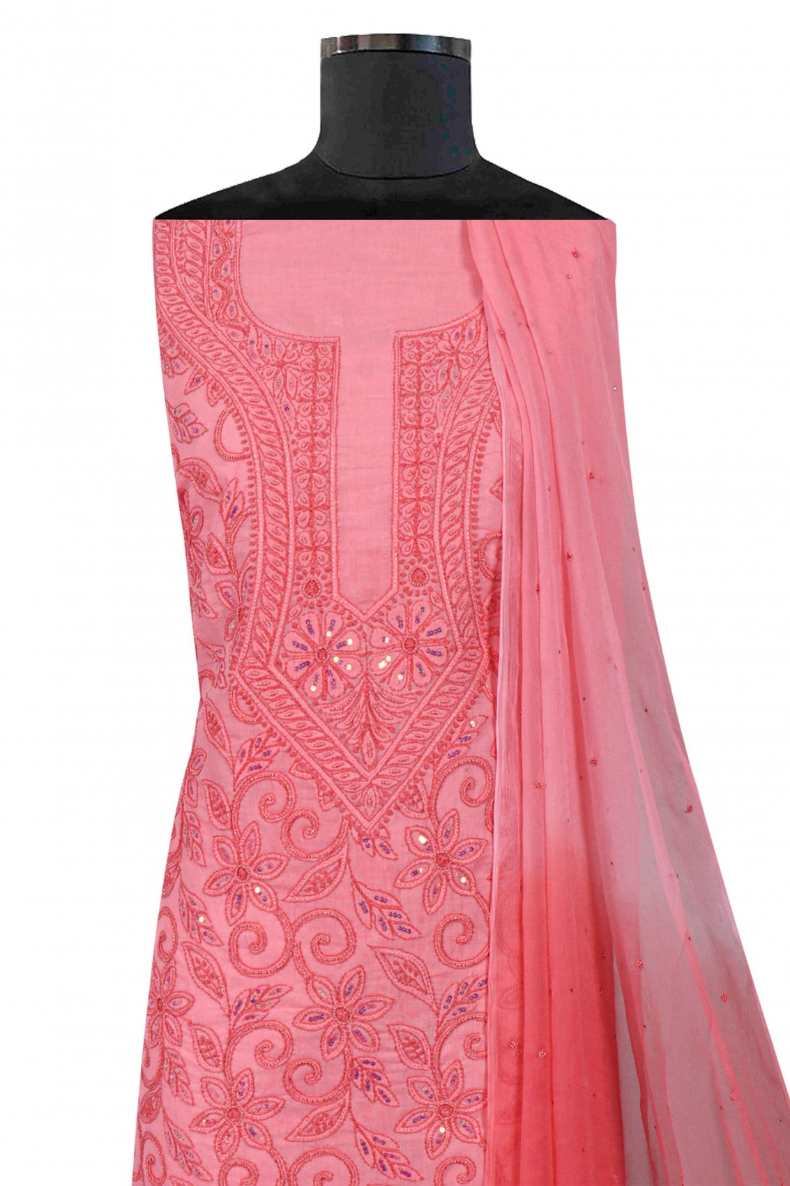Ada Hand Embroidered Peach Cotton Lucknowi Chikankari Unstitched Suit Piece With Pearl Work 01A209952