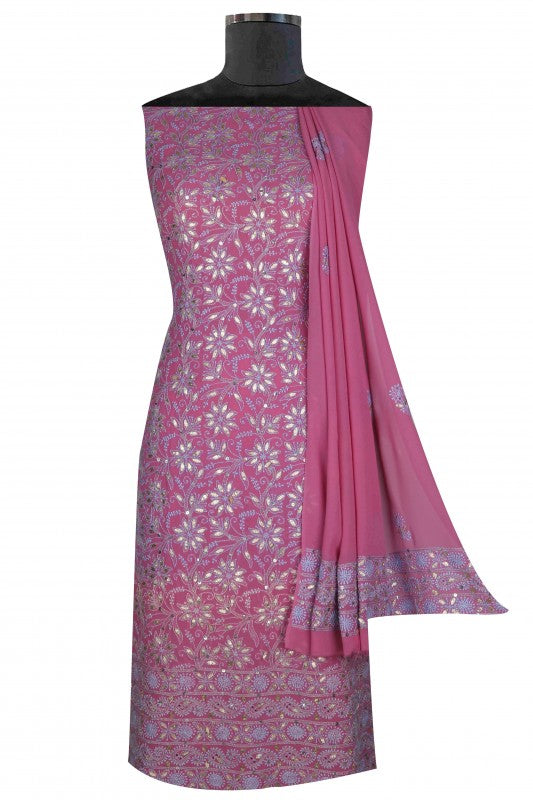 Ada Hand Embroidered Mauve Pure Georgette Lucknowi Chikan Unstitched Kurta Dupatta Set With Gota Patti Work A555296