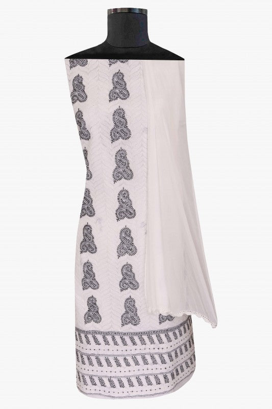 Ada Hand Embroidered White Cotton Lucknowi Chikan Unstitched Suit Piece A614294