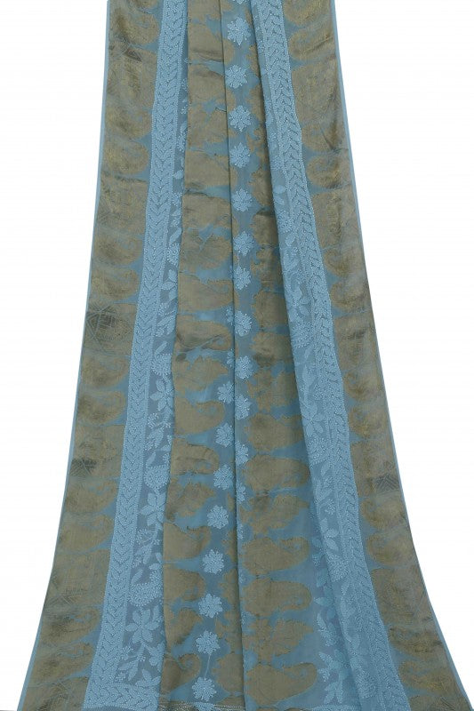 Ada Hand Embroidered Sapphire Blue Georgette Lucknowi Chikankari Saree With Blouse- A586827