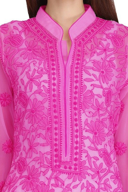 Ada Hand Embroidered Magenta Georgette Lucknowi Chikankari Straight  Kurta with Slip A227664