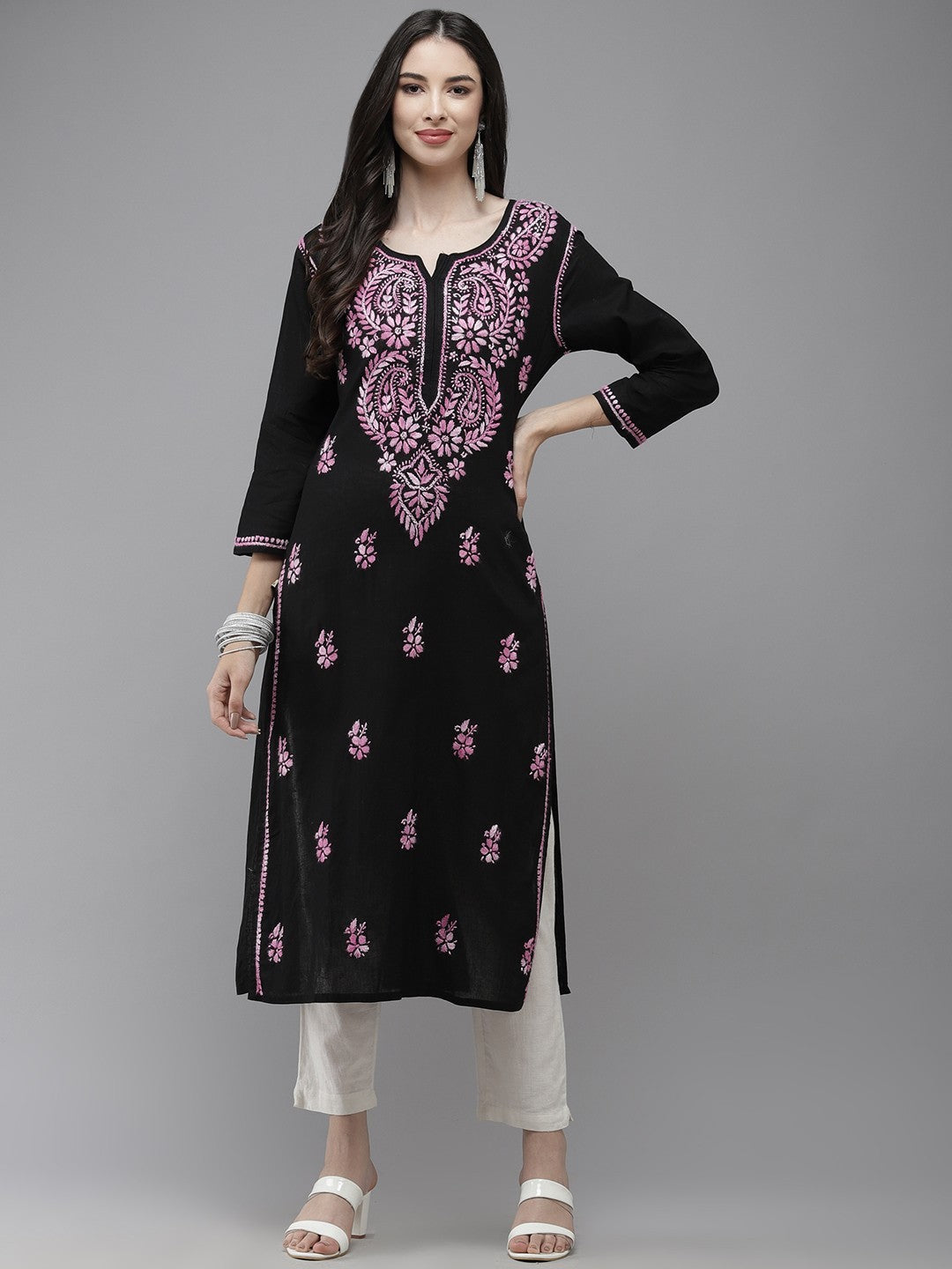 Ada Hand Embroidered Black Cotton Lucknow Chikankari Straight Kurta A411274