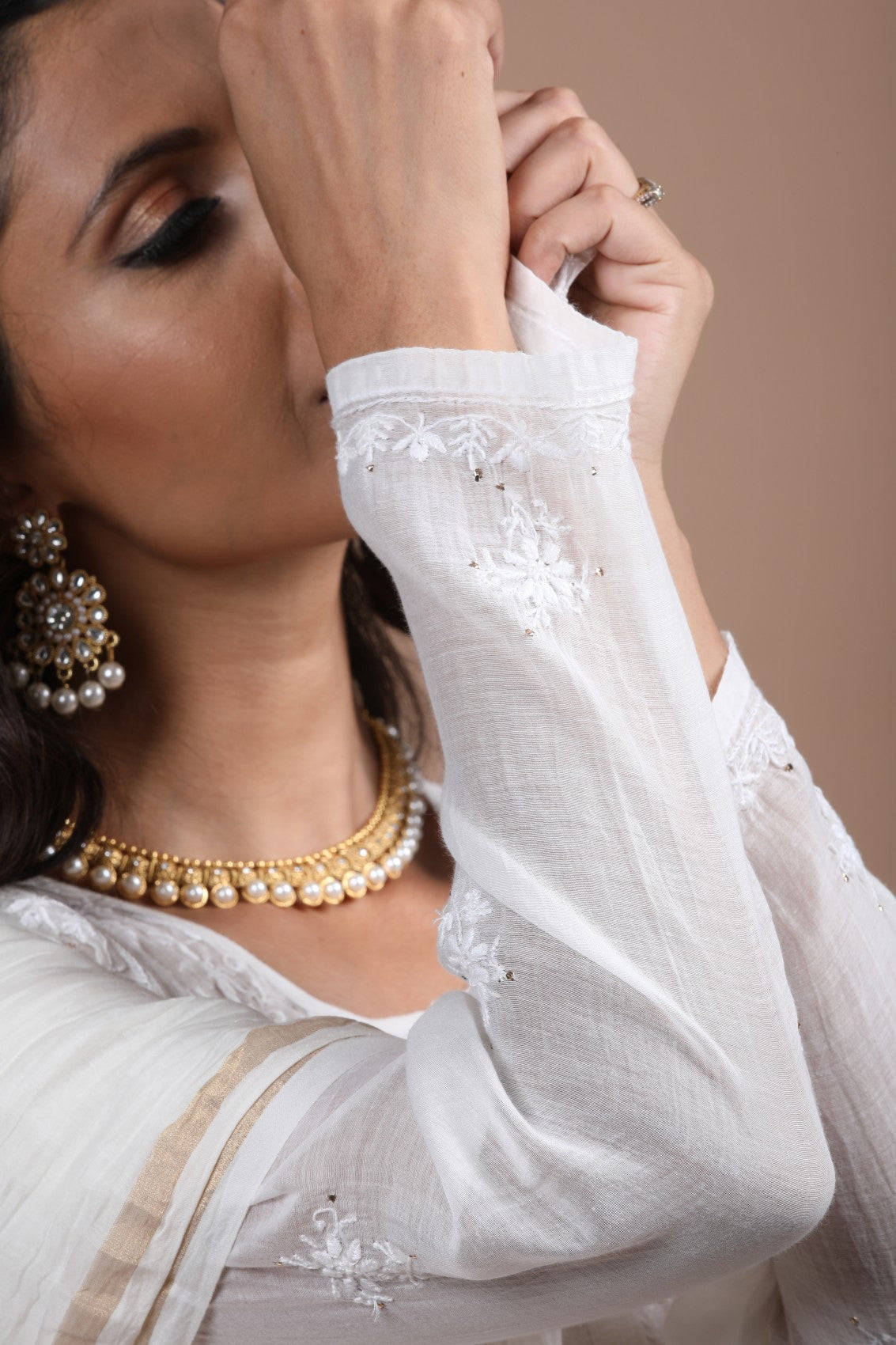 Ada Hand Embroidered White Chanderi Lucknowi Chikankari Semi-stitched Kurta Dupatta Set With Muqaish Work 01A260055