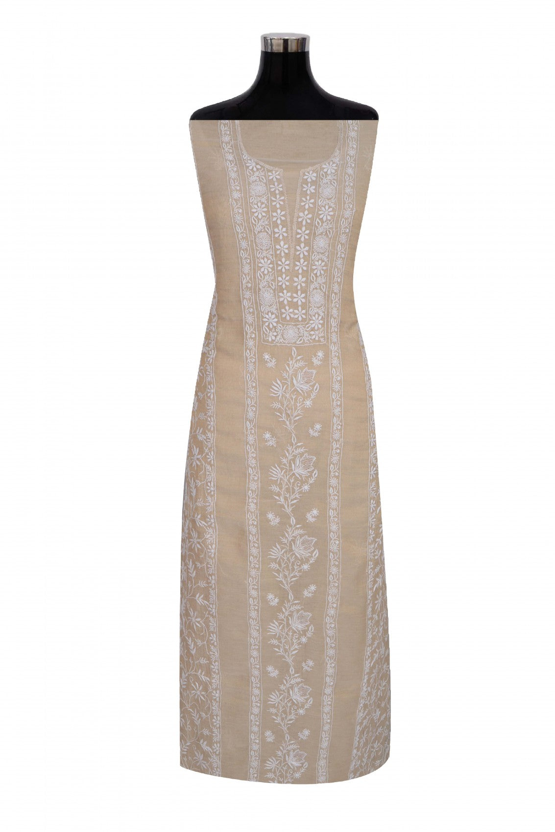 Ada Hand Embroidered Fawn Tissue Lucknowi Chikankari Unstitched Kurta Dupatta Set 01A265057