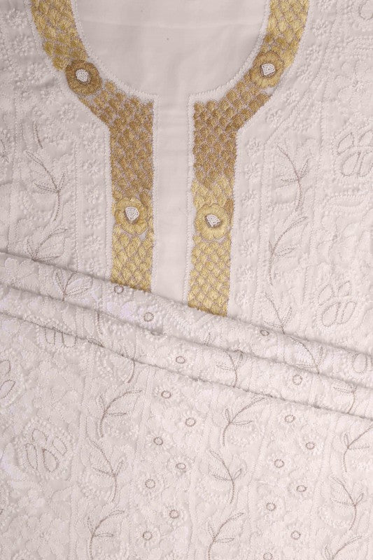 Ada Hand Embroidered White Georgette Lucknowi Chikan Unstitched Kurta Dupatta Set With Pearl Work A579385