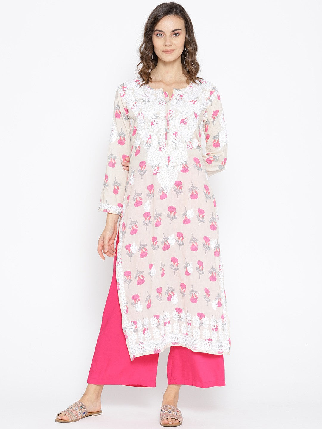 Ada Hand Embroidered Fawn Pink Cotton Lucknow Chikankari Straight Kurta- A100033