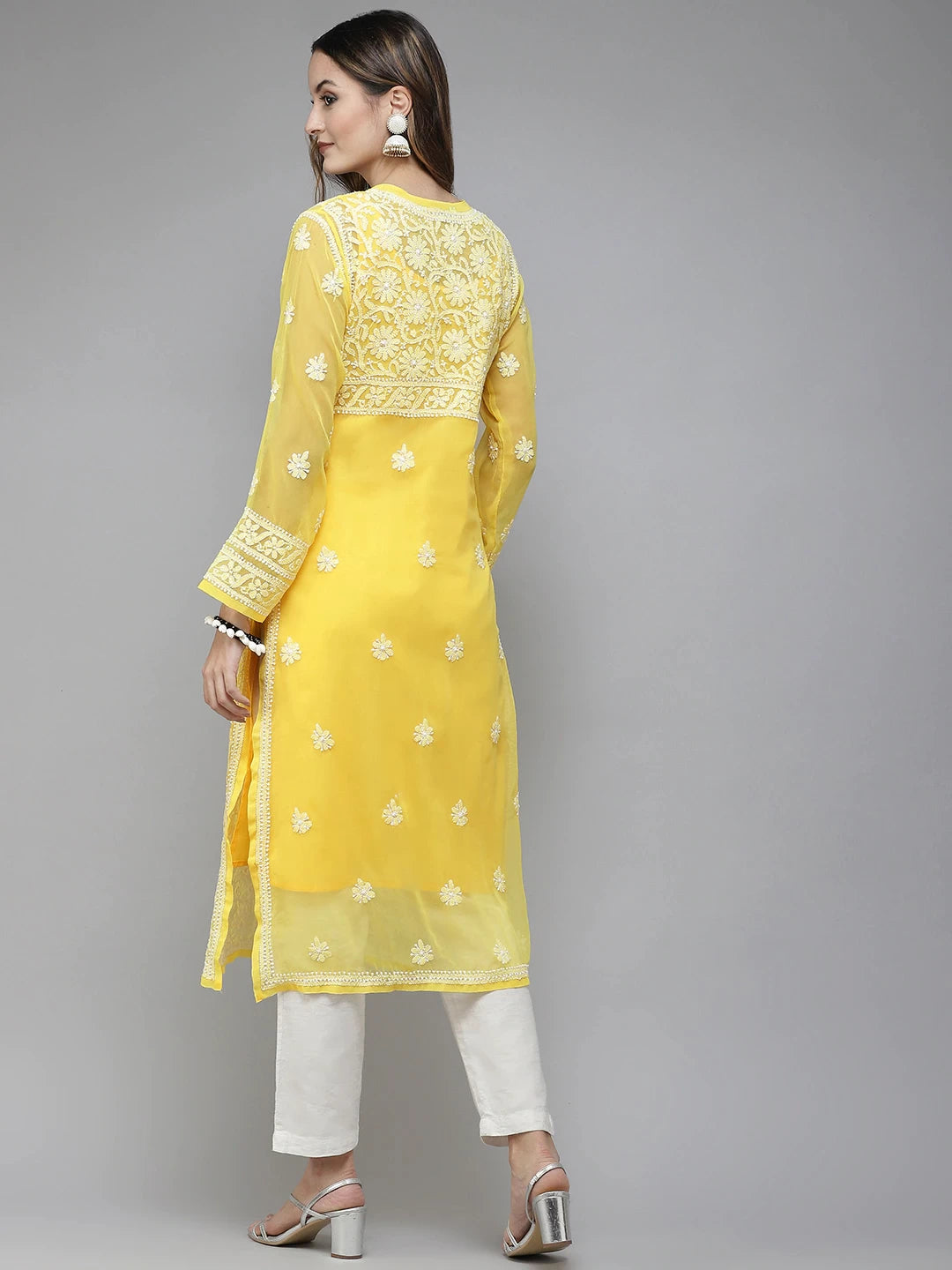 Ada Hand Embroidered Yellow Georgette Lucknowi Chikankari Straight Kurta With Slip A158875