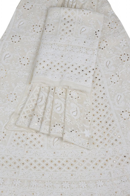 Ada Hand Embroidered White Pure Georgette Lucknowi Chikankari Lehenga Set with Muqaish Work A454707