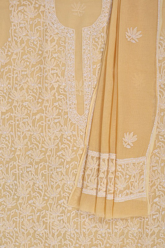 Ada Hand Embroidered Beige Kota Lucknowi Chikankari Unstitched Kurta Dupatta Set 01A160500